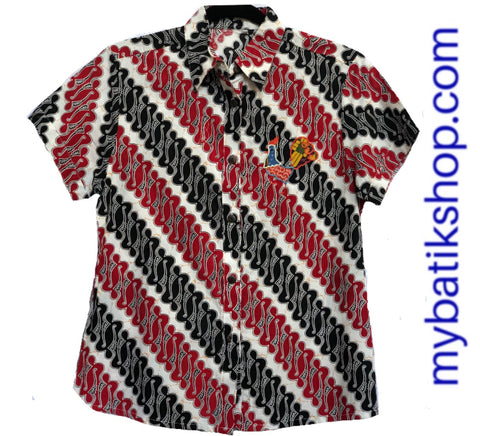 MJ Batik Collared Shirt Short-sleeves Embroidery Red Black White
